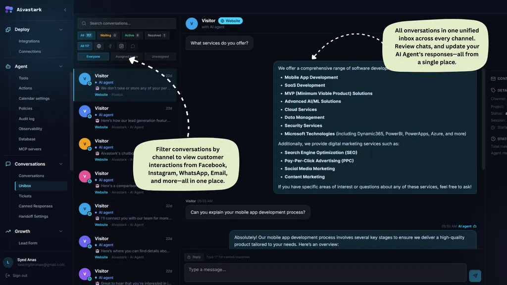 Aivastark unified inbox showing conversations filtered by channel with the AI agent's replies