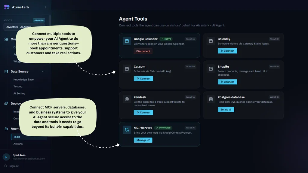Aivastark Agent Tools page with Shopify, Google Calendar, Cal.com, Zendesk, Postgres and MCP server connections