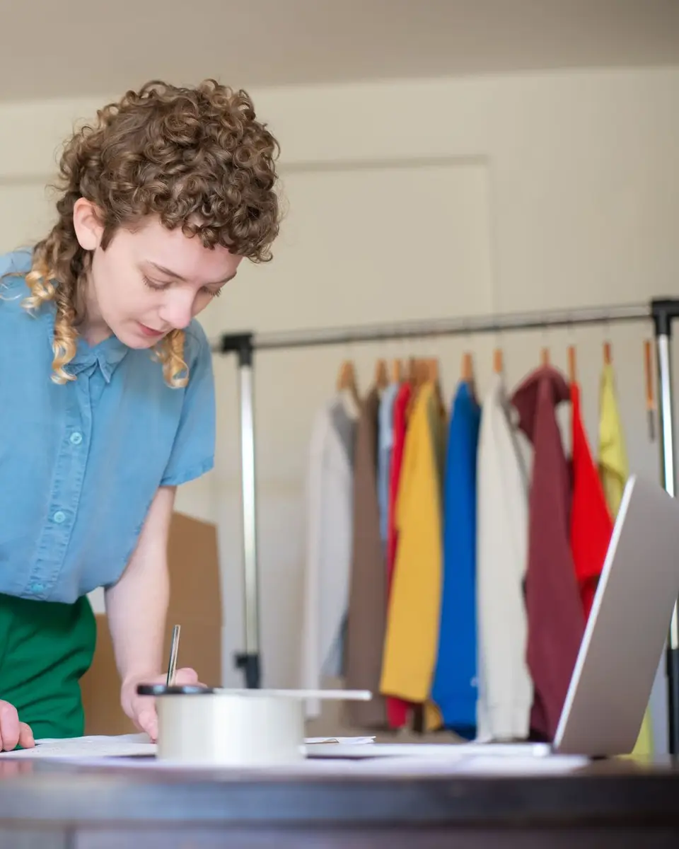 Online store owner packing an order beside a rail of clothes