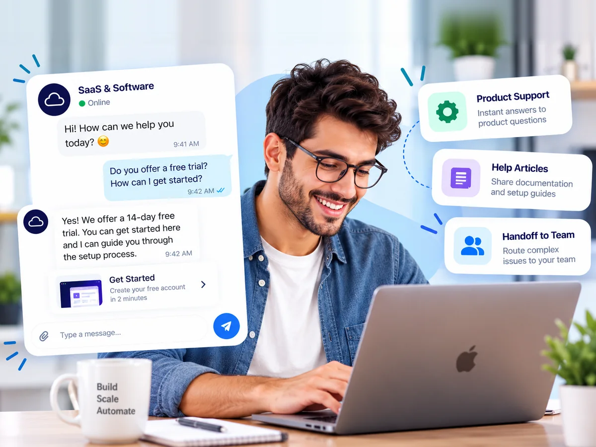 Developer smiling at a laptop beside the product's chat assistant offering a free trial