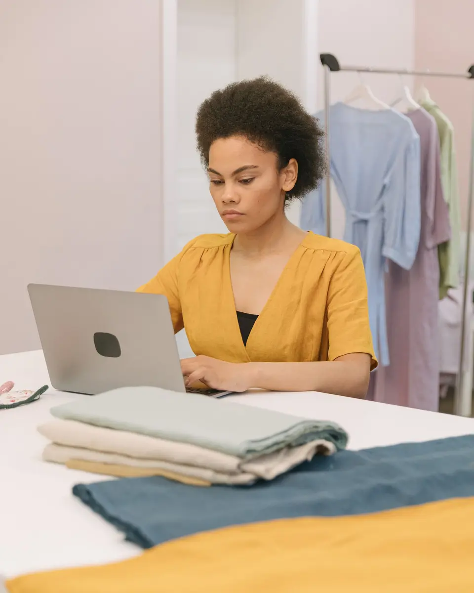 A woman types on a laptop beside folded fabric and a rail of dresses