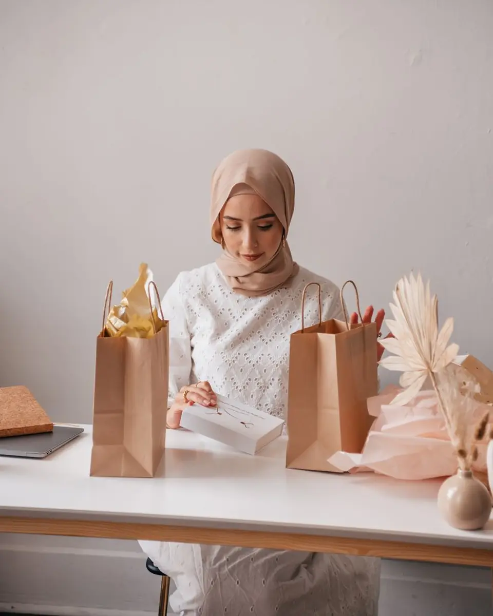 Online shop owner in a beige headscarf packing orders into paper gift bags at a white desk