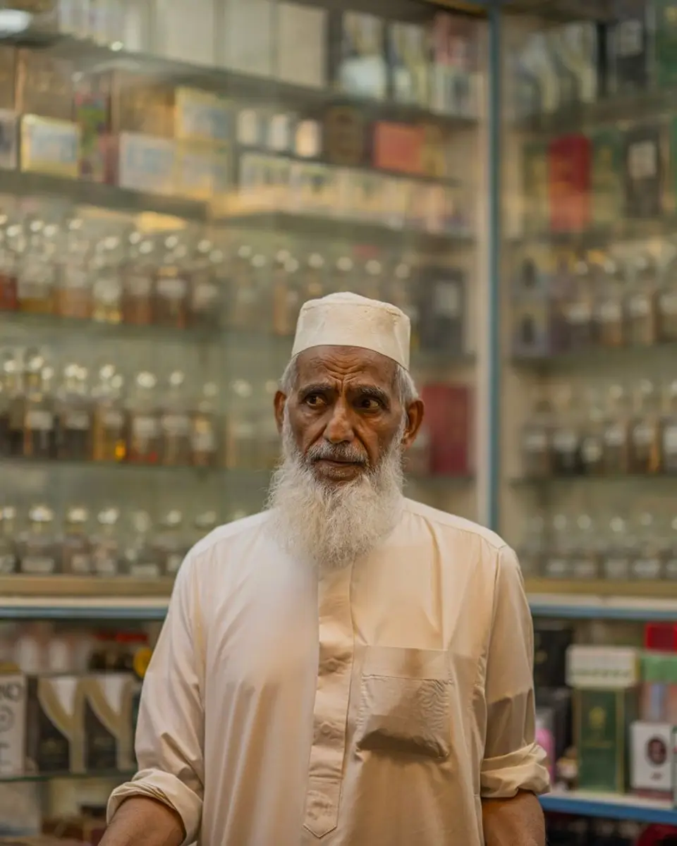 Perfume shop owner in a white kandura in front of shelves of oud and attar bottles