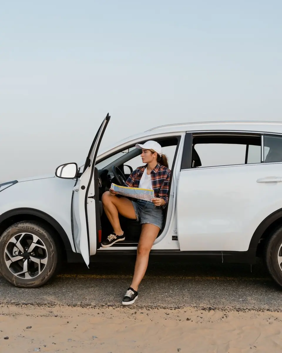 Traveller in a white cap reading a paper map in the open door of a white SUV parked on a desert road