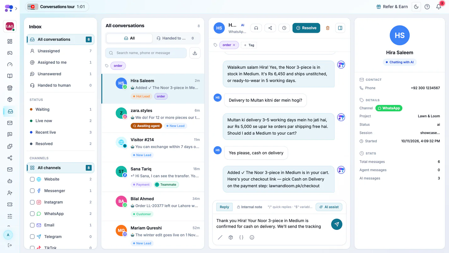 The inbox with conversations from WhatsApp, Instagram, Messenger, email and the website, one WhatsApp thread open.