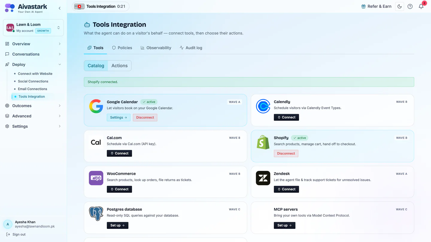The Tools Integration catalog with Google Calendar and Shopify connected and Calendly, Cal.com, WooCommerce, Zendesk, Postgres and MCP ready to connect.