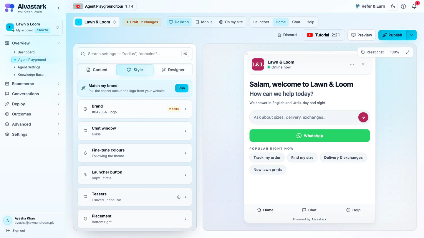 The Agent Playground's Style settings next to a live preview of a store's chat widget.