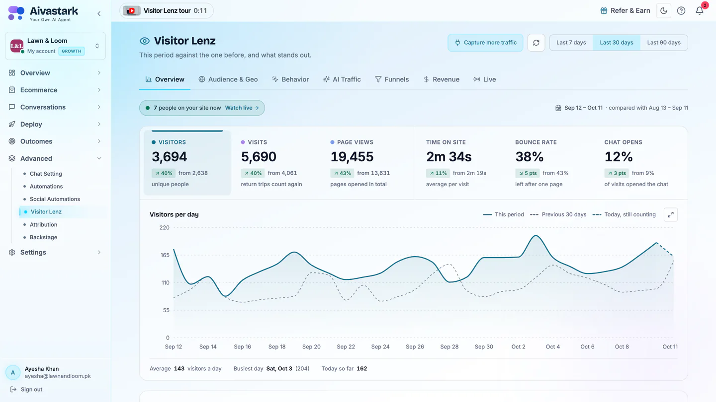 Visitor Lenz showing visitors, visits and page views for the last 30 days, with a daily chart.