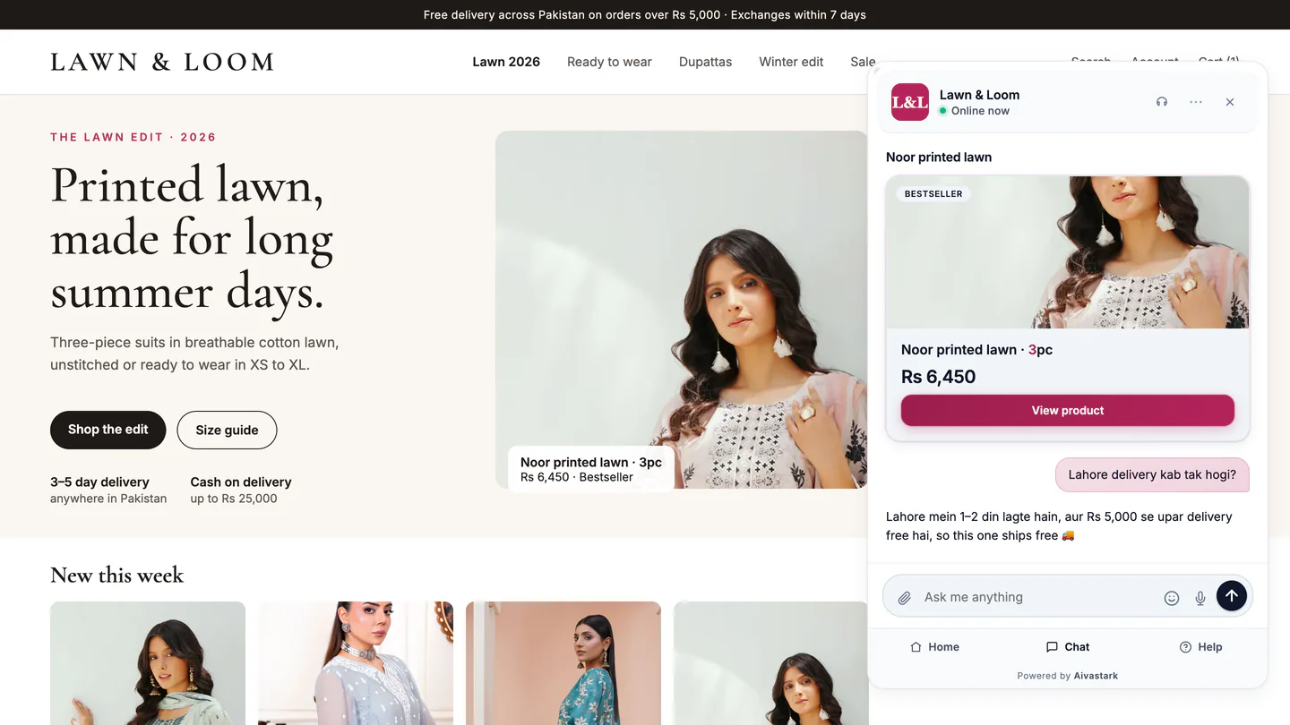 A clothing store's website with its chat widget open, showing a product card, a shopper's question about delivery to Lahore and the answer.