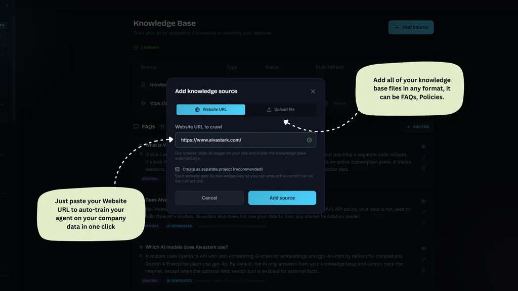 Aivastark Knowledge Base with the Add knowledge source dialog open and a website URL ready to crawl
